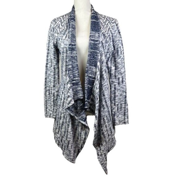 Cupio Women's Open Front Cardigan Waterfall Patchwork Navy and White Medium - Picture 1 of 11